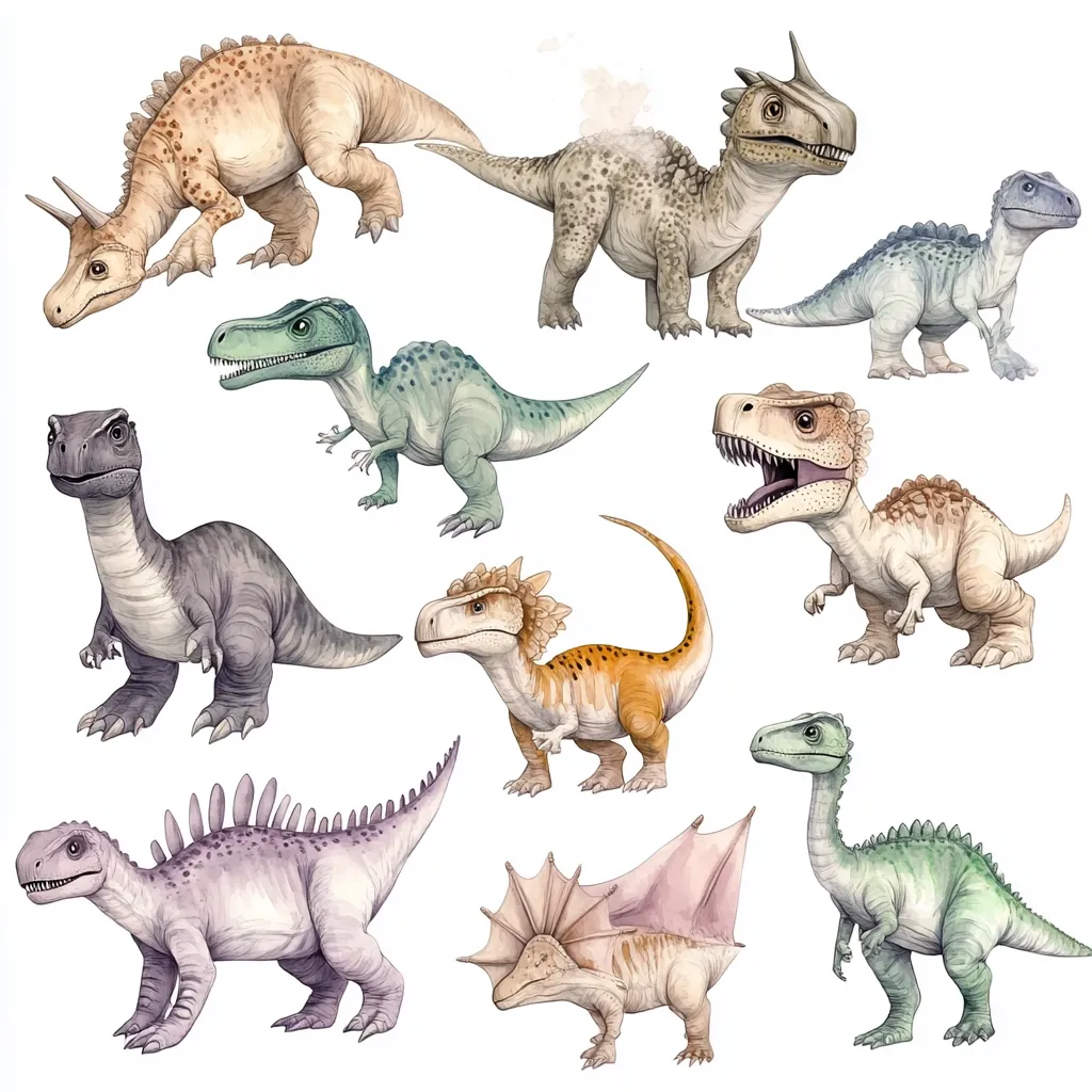 A collection of ten charmingly illustrated dinosaurs, each rendered in watercolor.  The dinosaurs exhibit a variety of species, colors, and poses, showcasing diverse prehistoric creatures.  They are depicted against a clean white background, highlighting their individual features and playful expressions.  The style is whimsical and appealing, ideal for children's books or educational materials.