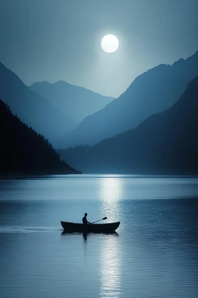 A lone figure rows a small boat across a serene lake at twilight.  The water is calm, reflecting the light of a full moon hanging in the dusky sky.  Silhouetted mountains rise in the distance, creating a peaceful and tranquil atmosphere. The scene evokes a sense of solitude and quiet contemplation in the heart of nature.
