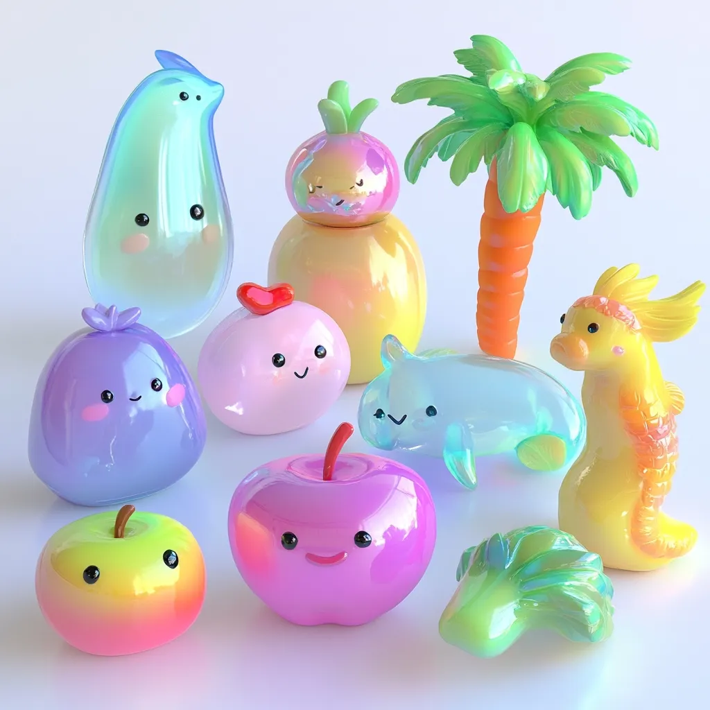 A collection of charming, iridescent figurines resembling fruits, vegetables, and sea creatures.  Each piece boasts a cute, cartoonish face.  The group includes an apple, a plum, an eggplant, a radish-pineapple hybrid, a seahorse, a broccoli, and other whimsical creations, all displayed on a white background.  Their pastel colors and glossy finish give them a playful, delightful aesthetic.