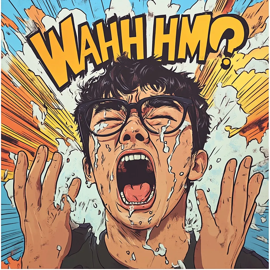 A stylized comic book-style illustration depicts a young man with glasses, his mouth wide open in a scream or shout.  His face is contorted with distress, tears streaming down his cheeks, and water or spittle spraying from his mouth.  The background features a dynamic, exploding graphic effect with the word "WAHH HM?" in bold, yellow lettering.  The overall style is vibrant and expressive, suggesting shock or intense emotion.