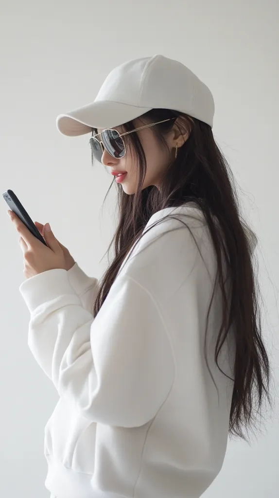 A young woman with long dark hair wears a white baseball cap and sunglasses. She's dressed in a white hoodie and is looking down at a smartphone she holds in her hands. The overall aesthetic is minimalist and chic, with a focus on clean lines and a muted color palette.  The image is bright and well-lit, showcasing the soft texture of the clothing.