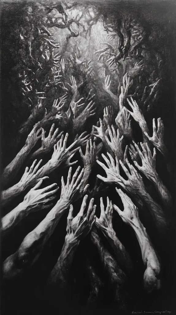 A monochromatic artwork depicts a multitude of reaching hands emerging from a shadowy, cavernous space. The hands, rendered in stark detail, appear to claw and grasp, creating a sense of desperation or struggle. The dark background, filled with indistinct shapes suggesting branches or figures, enhances the overall atmosphere of unease and confinement. The image's contrast and texture evoke a feeling of intense emotional turmoil.