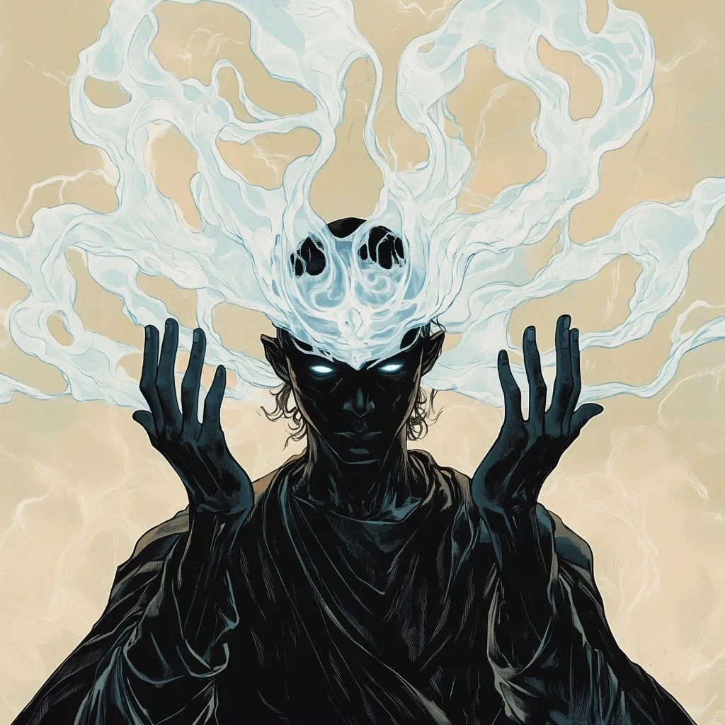 A dark-skinned, bald figure, possibly elven, is depicted with hands outstretched.  Surrounding their head is a swirling, ethereal, light blue energy, resembling smoke or flames.  The figure's expression is serious, their eyes glowing.  The style is dark fantasy, with a focus on contrasting light and shadow.  The background is a muted beige.