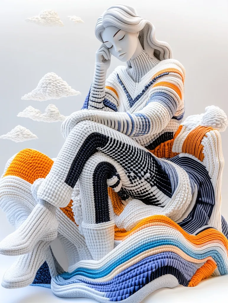 A meticulously crafted sculpture depicts a woman in a textured, knitted sweater.  Her pose suggests contemplation or sadness, her hand resting on her face. The sweater's pattern is a striking blend of white, orange, and blue, echoing the swirling, textured base she sits upon.  Stylized clouds float in the background, enhancing the dreamy, ethereal mood.  The sculpture is intensely detailed, showcasing a remarkable level of artistry in its textile-like form.