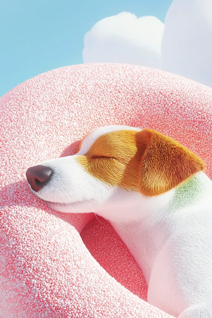 A Jack Russell Terrier puppy peacefully sleeps nestled in a giant, fluffy, pink donut.  The dog's eyes are closed, and its fur is soft and textured. The donut is incredibly detailed, appearing soft and inviting. The scene is set against a clear blue sky with fluffy white clouds, creating a whimsical and idyllic setting.