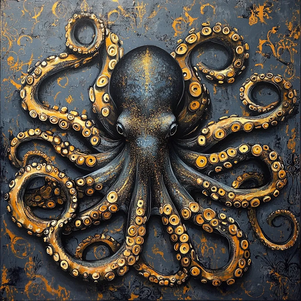 A captivating painting depicts a large octopus, its body a deep blue-grey, contrasted by its eight arms adorned with golden rings.  The octopus is centrally positioned against a dark grey background textured with gold accents, creating a dramatic, almost baroque aesthetic. The artist's attention to detail is evident in the intricate rendering of the suckers and the textured surface of the octopus's skin.  The overall effect is one of opulent darkness and mysterious beauty.