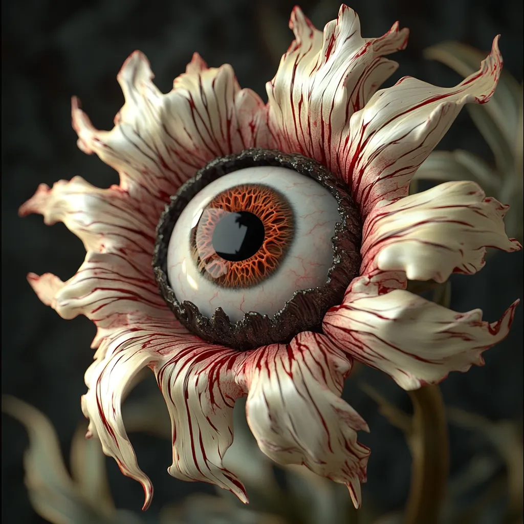 A surreal digital artwork depicts a flower with an eyeball at its center.  The petals are off-white with crimson striations, appearing delicate yet unsettling. The eye is realistically rendered, adding a disturbing contrast to the floral form. The overall style is dark fantasy, blending organic and unsettling elements. The background is blurred, focusing attention on the bizarre bloom.