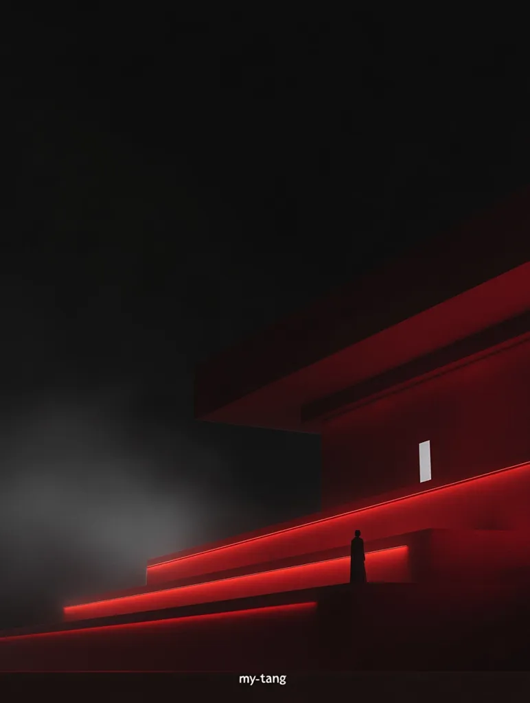 A lone figure stands silhouetted against a stark, minimalist architectural structure bathed in crimson light.  Red neon lines accentuate the geometric steps leading to a single, illuminated doorway.  The scene is shrouded in a dark, atmospheric fog, creating a sense of mystery and isolation. The overall aesthetic is dark, moody, and futuristic.