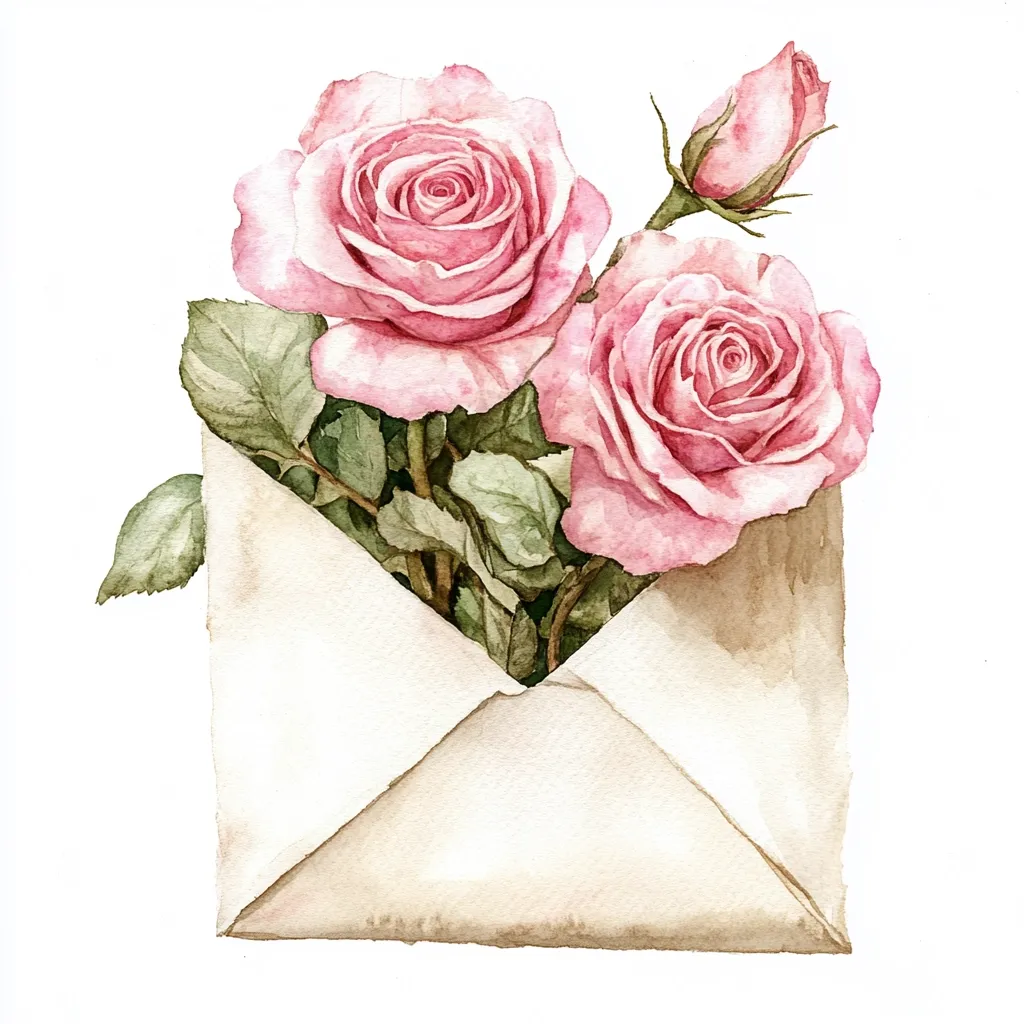 A watercolor painting depicts a delicate scene of two pink roses and a rosebud nestled within a vintage envelope.  The roses are painted with soft, romantic hues, their petals exhibiting a subtle texture.  The envelope is a creamy off-white, suggesting age and perhaps a hint of wear, enhancing the overall vintage aesthetic.  The image evokes a sense of nostalgia and heartfelt sentiment.