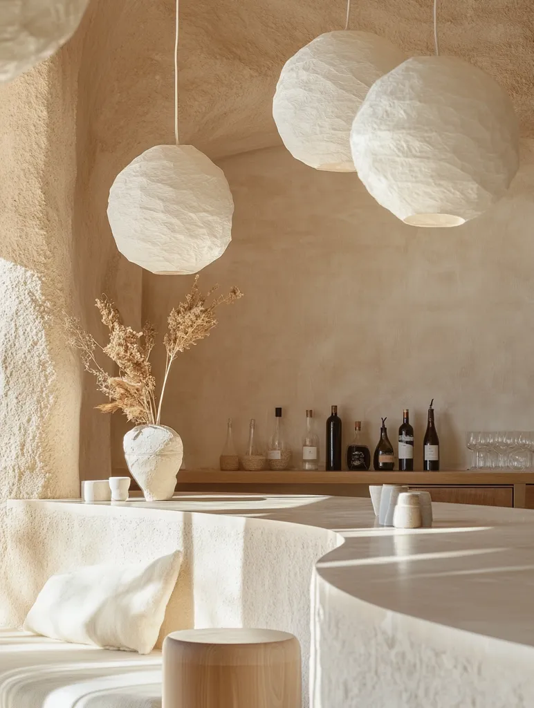 A minimalist interior features a curved, textured white bar with a wooden stool.  Three large, textured white paper pendant lights hang above.  Dried flowers in a white vase sit on the bar, alongside a selection of bottles. The overall aesthetic is calm, neutral, and subtly luxurious.  Soft, natural light bathes the scene.