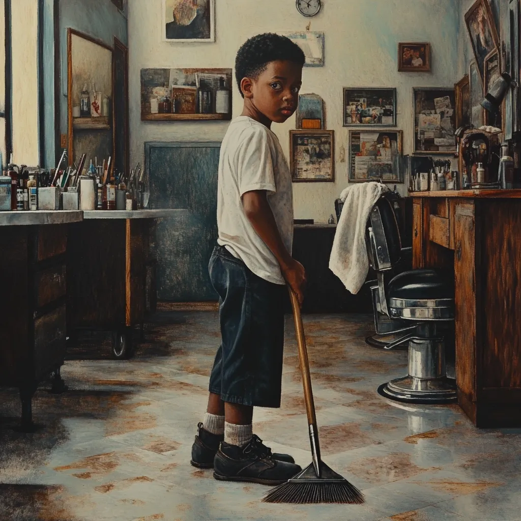 A young Black boy stands in a barbershop, holding a broom.  He's dressed in a white t-shirt and dark shorts, his gaze directed towards the viewer. The barbershop is cluttered with various items; bottles, framed pictures, and a barber chair.  The scene is realistic, with a focus on the boy's quiet presence within the busy setting. The overall mood is one of contemplation and quiet work.