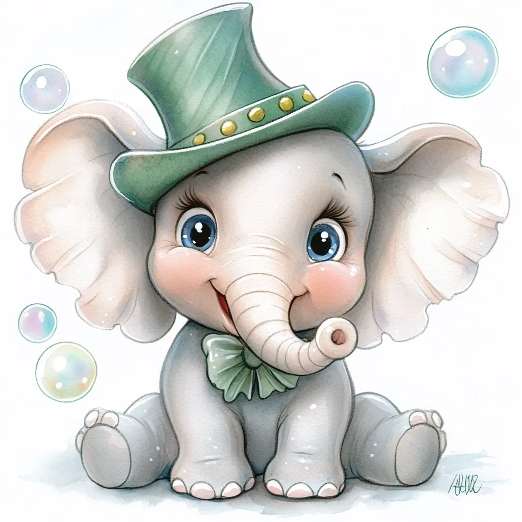 An adorable baby elephant is depicted wearing a charming green top hat and a matching bow tie.  Large, expressive eyes and rosy cheeks add to its cuteness.  Several iridescent soap bubbles float around it, adding to the whimsical feel of the illustration. The elephant is sitting, its soft grey fur and delicate features rendered in a watercolor style.