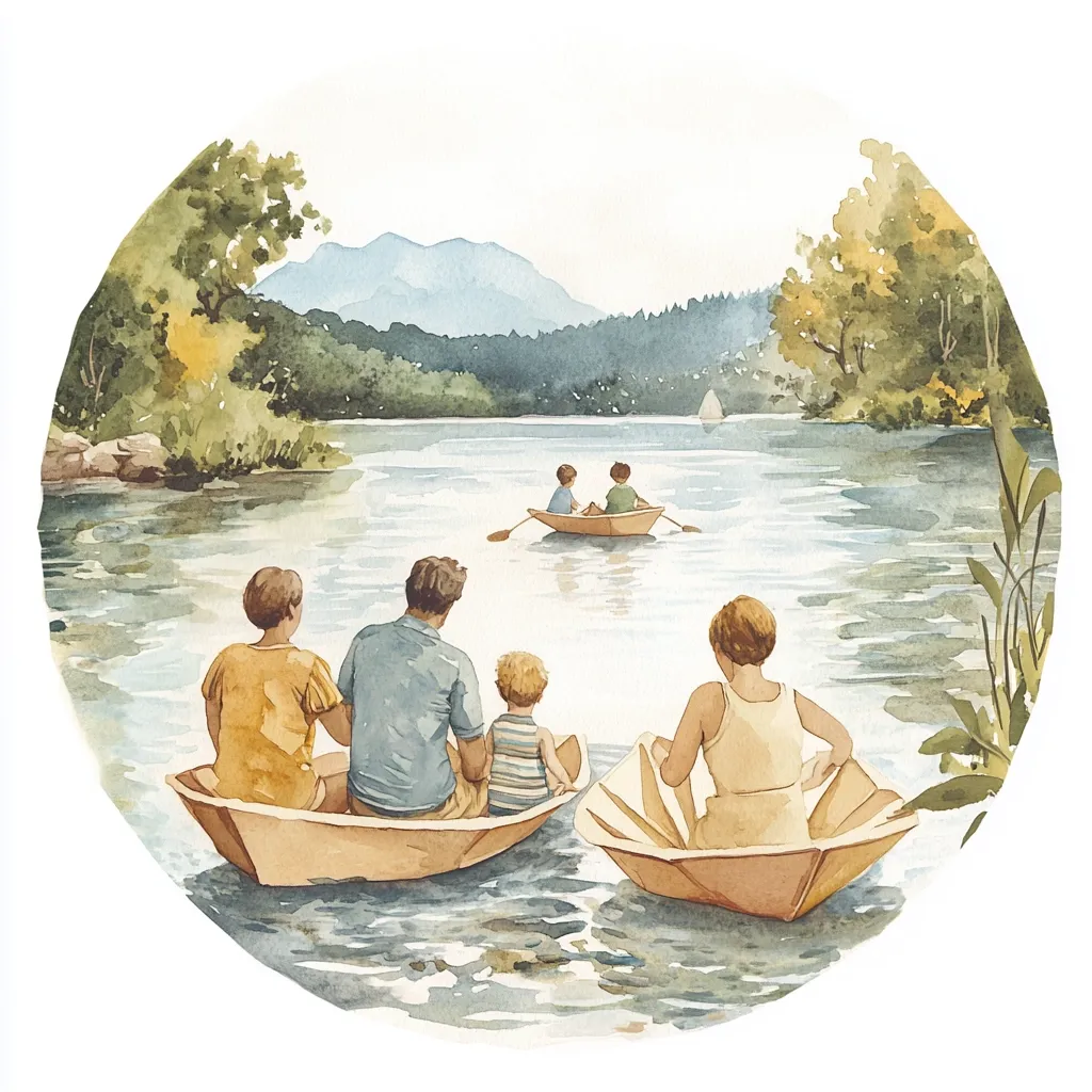 A watercolor painting depicts two families enjoying a tranquil lake.  One family of four sits in two origami-style boats, while another family of three rows a small boat in the distance. The serene scene includes lush green banks, distant mountains, and a calm lake reflecting the clear sky.  The overall mood is peaceful and idyllic.