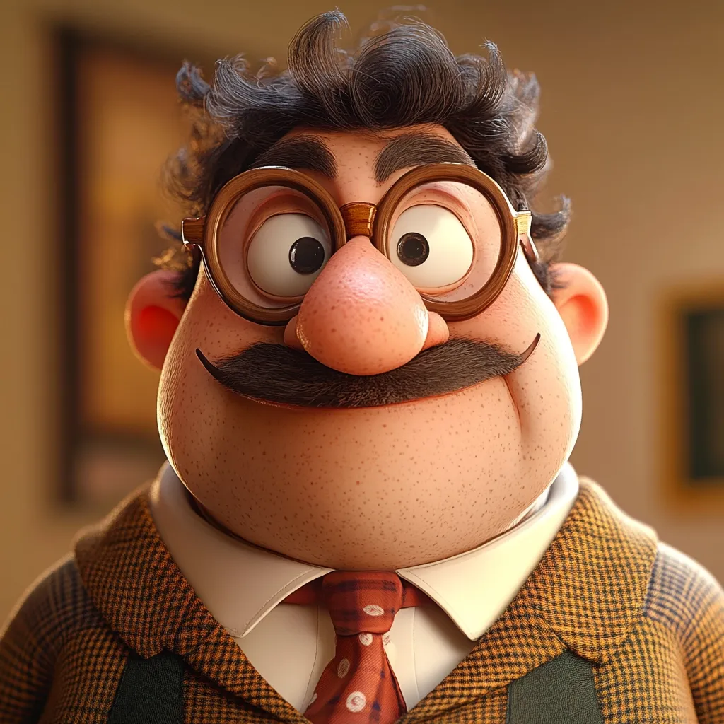 A close-up shot of a charming, cartoonish man.  He's depicted with exaggerated features: a large nose, bushy eyebrows, and a prominent mustache. He wears round spectacles and a tweed jacket, giving him a professorial air. His expressive eyes convey a friendly and slightly mischievous personality.  The 3D rendering showcases detailed textures and lighting, emphasizing his jovial expression.