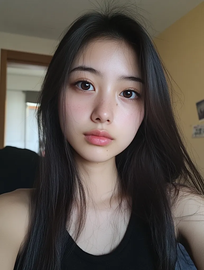 A young woman with long, straight black hair looks directly at the camera.  She has light skin, dark eyes, and is wearing a simple black tank top.  Her expression is neutral, and her makeup is subtle and natural. The background is blurred, showing a glimpse of an interior space.  The overall image is clean and aesthetically pleasing.