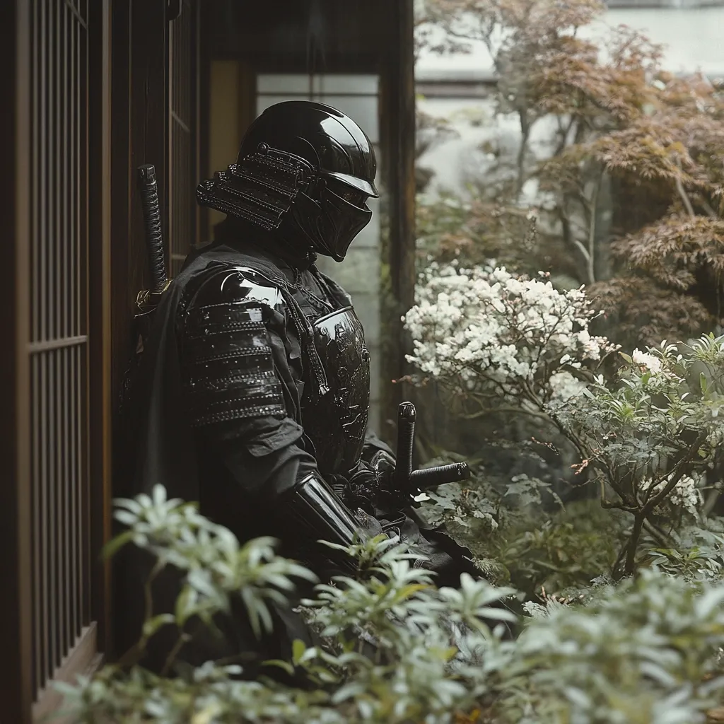A lone figure, clad in sleek, black samurai armor and helmet, sits contemplatively amidst a serene Japanese garden.  The armor's polished surface reflects the soft light, contrasting with the lush greenery and delicate white blossoms.  A katana rests at the figure's side, adding to the image's air of quiet strength and mystery. The scene evokes a sense of peace and historical resonance.