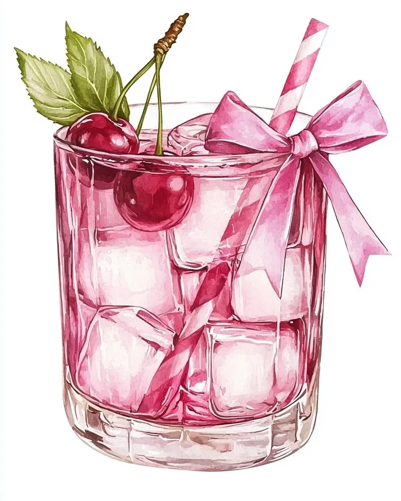 A watercolor painting depicts a refreshing cherry drink.  A rocks glass filled with pink liquid, ice cubes, and two cherries with stems and leaves is adorned with a pink ribbon and striped straw. The vibrant colors and delicate details create a visually appealing summer beverage image.  The overall style is whimsical and charming.