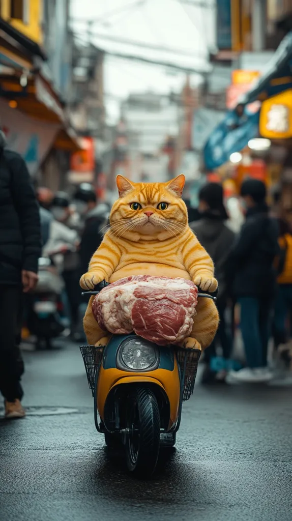 A fluffy orange cat sits on a yellow scooter in a bustling Asian street.  The cat, seemingly content, has a large piece of raw meat resting on its lap.  The background is blurred, showcasing a busy city scene with pedestrians and shops. The overall image is humorous and surreal.