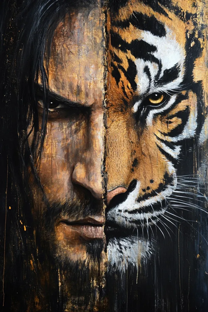 A striking portrait, painted in dark, earthy tones, depicts a man's face seamlessly merging with a tiger's.  The man's intense gaze and stern expression are mirrored by the tiger's predatory stare. Gold accents highlight the textures of both the man's skin and the tiger's fur, creating a powerful visual duality. The artwork explores themes of primal instincts and hidden inner strength.