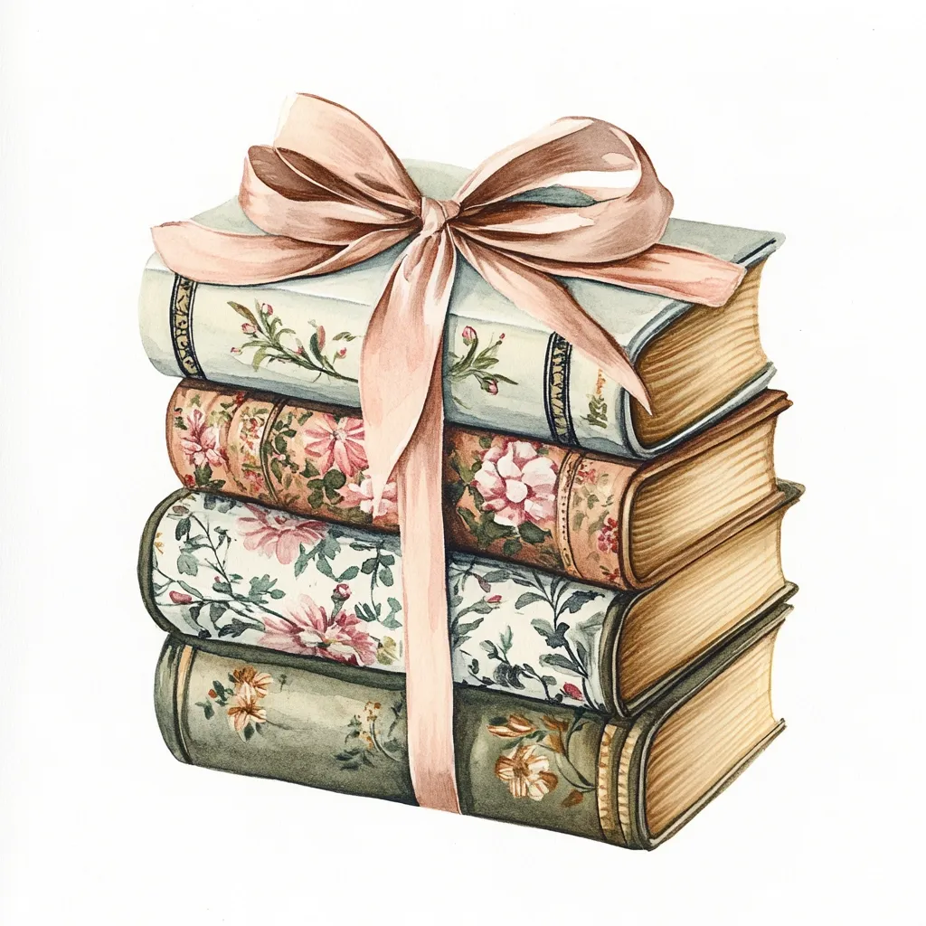 A stack of four books, each with a delicate floral patterned cover, is elegantly tied together with a large blush-pink ribbon.  The books have antique charm, their aged pages hinting at stories within. The pastel color palette and floral designs create a romantic and vintage aesthetic.  The image suggests a gift of literature, or a treasured collection of stories.