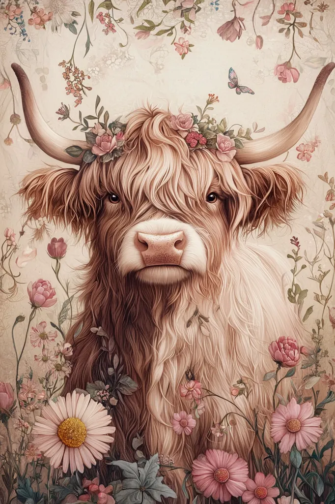 A Highland cow, adorned with a delicate crown of pink roses and other blossoms, stands serenely amidst a lush garden.  The cow's long, shaggy fur blends seamlessly with the surrounding flowers, creating a harmonious and enchanting scene.  A soft, muted color palette enhances the overall peaceful and whimsical aesthetic. A single butterfly adds a touch of delicate movement.
