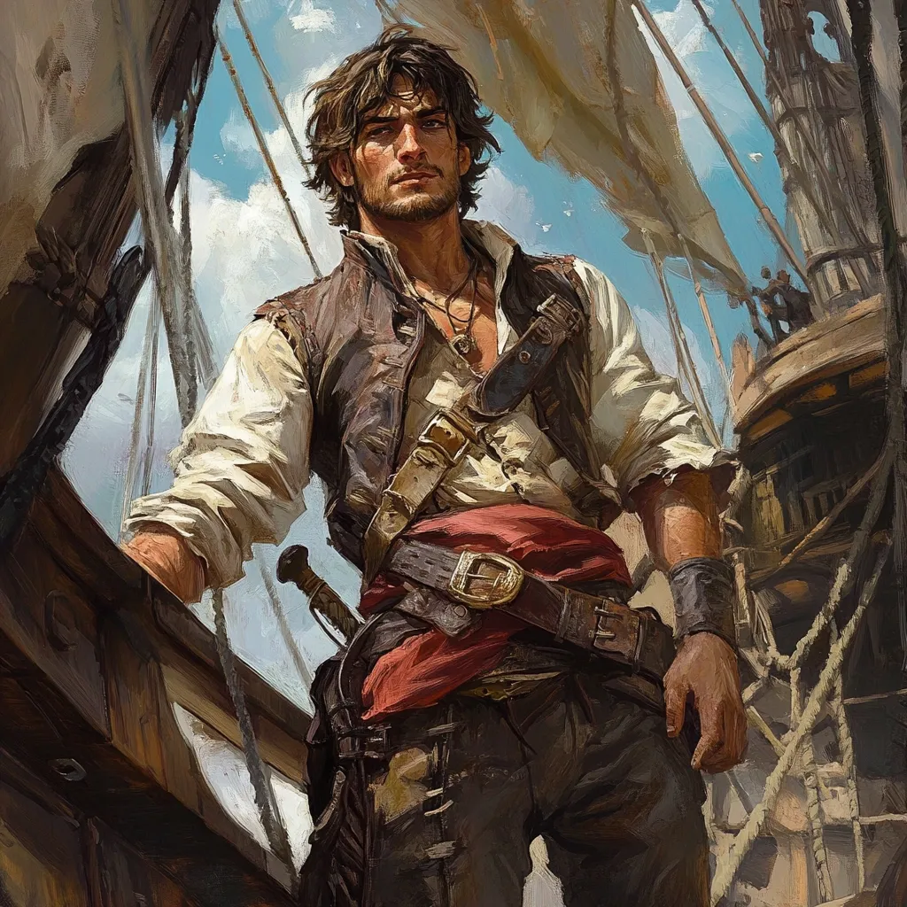 A handsome, dark-haired pirate stands proudly aboard his ship, a weathered galleon under a bright blue sky.  He's dressed in a worn leather vest, loose shirt, and breeches, accessorized with a red sash and multiple belts. A dagger is strapped to his hip, and his confident gaze meets the viewer's. The painting's style is painterly, with visible brushstrokes and a focus on texture and atmosphere.  The overall impression is one of adventure and daring.