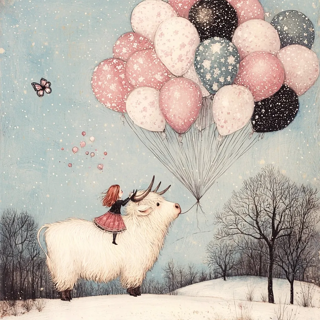 A whimsical illustration depicts a girl with red hair riding a fluffy white yak.  They are attached to a cluster of pastel-colored balloons floating against a snowy, wintery sky.  Bare trees line a snow-covered landscape in the background, creating a serene and magical atmosphere.  A small butterfly adds to the enchanting scene.  The overall style is delicate and dreamlike.