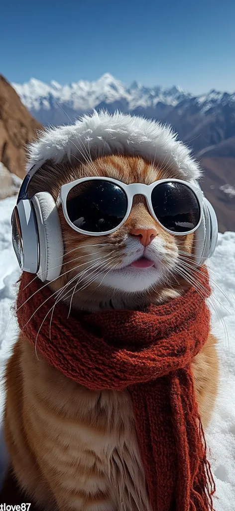 A ginger cat, wearing white headphones, stylish sunglasses, and a burgundy scarf, sits in the snow against a backdrop of majestic snow-capped mountains.  The cat's expression is serene, its tongue slightly protruding. The overall image is whimsical and evokes a sense of adventure and coolness.
