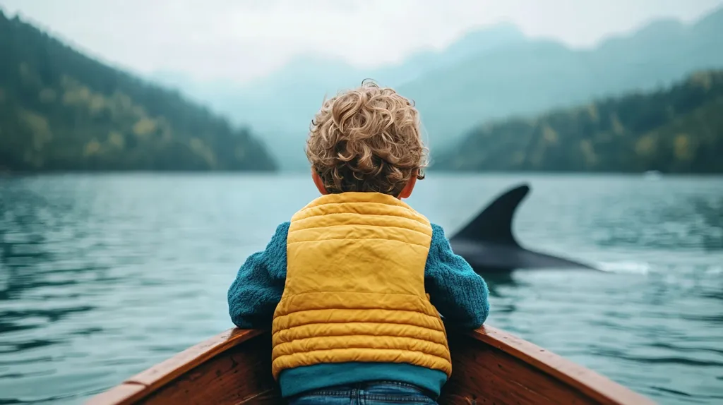 A young child with curly blonde hair sits in a wooden rowboat, facing away from the camera.  They wear a yellow vest and teal sweater, gazing out at a calm lake. In the distance, a dark-colored dolphin's fin is visible, creating a serene and peaceful scene amidst a backdrop of lush green mountains.