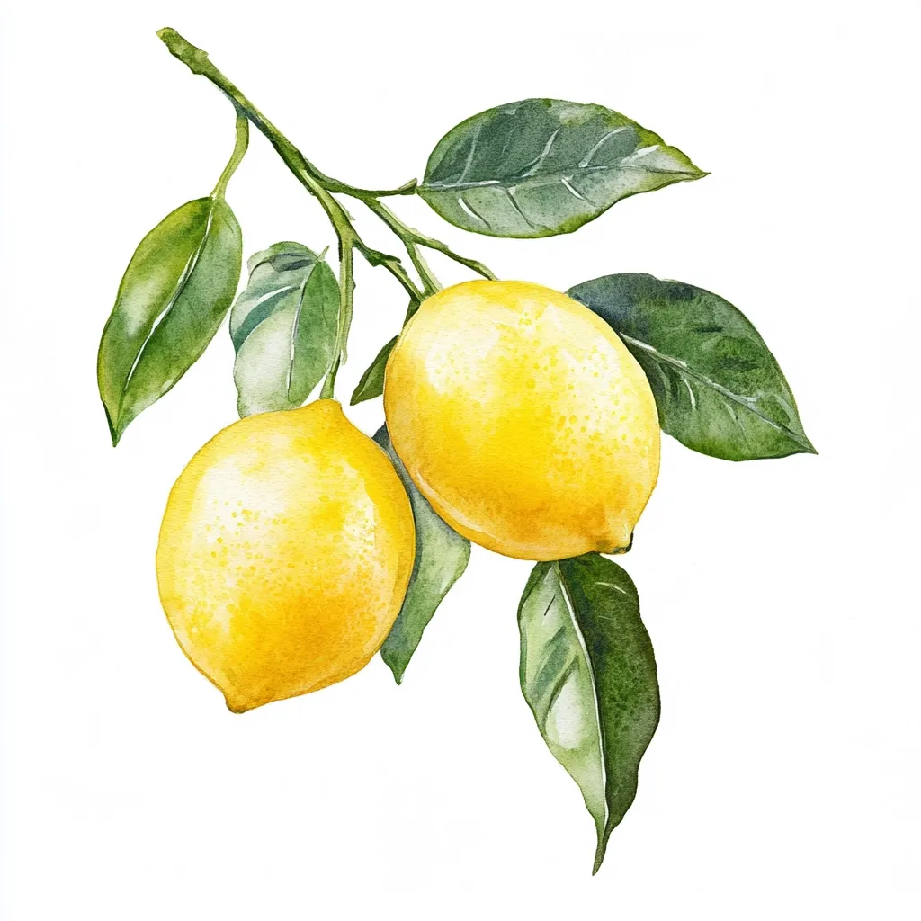 A watercolor painting depicts two ripe lemons hanging from a branch.  The lemons are bright yellow, and the leaves are a vibrant green. The style is delicate and realistic, highlighting the texture of both the fruit and foliage.  The painting is set against a clean white background, emphasizing the vivid colors of the lemons and leaves.