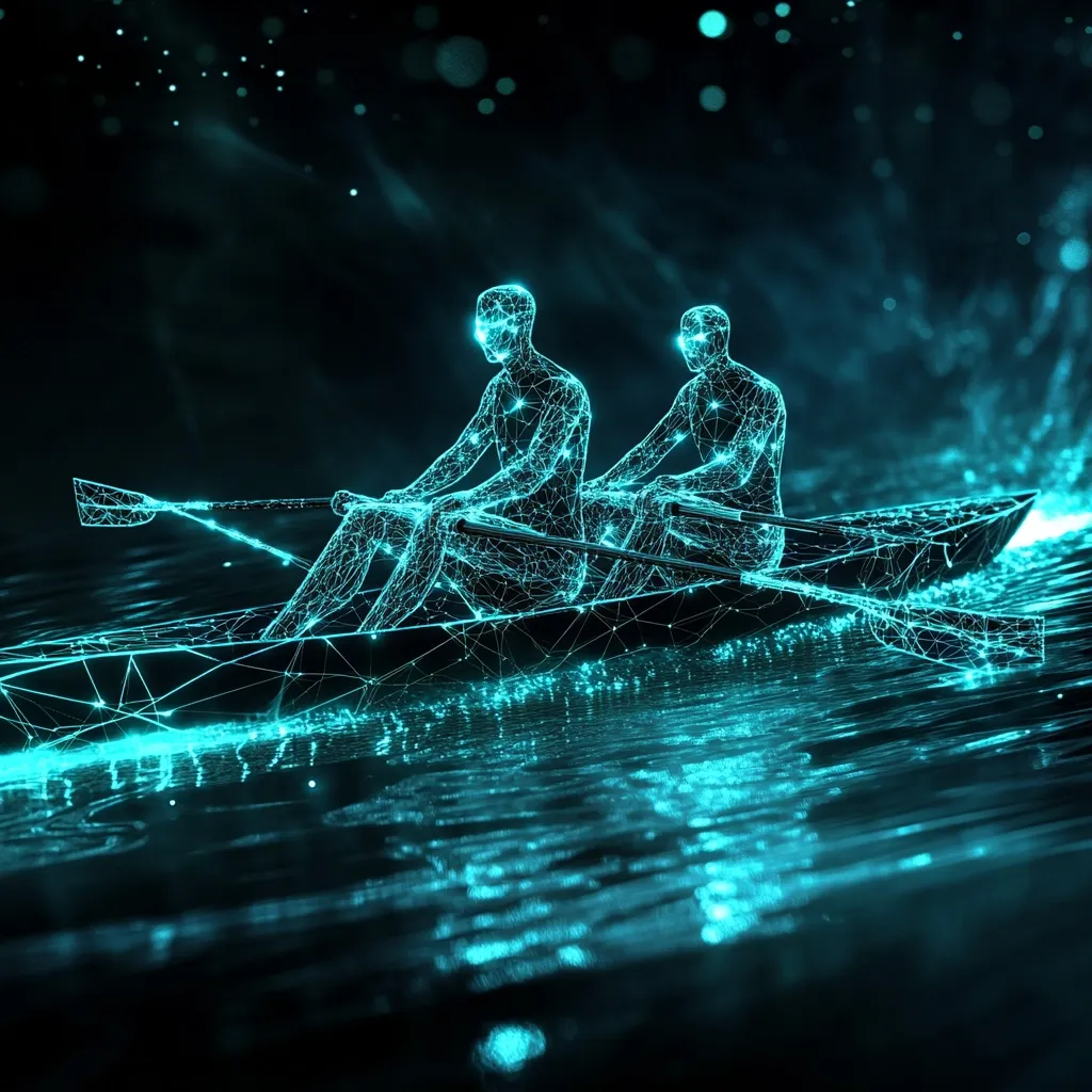 A digital rendering depicts two figures, represented as glowing constellations of light, rowing a boat across dark water.  The boat and oars are similarly constructed from interconnected nodes of light. The scene is set against a dark, bokeh-filled background, suggesting a nighttime setting. The image evokes a sense of teamwork and collaboration, symbolized by the synchronized rowing.