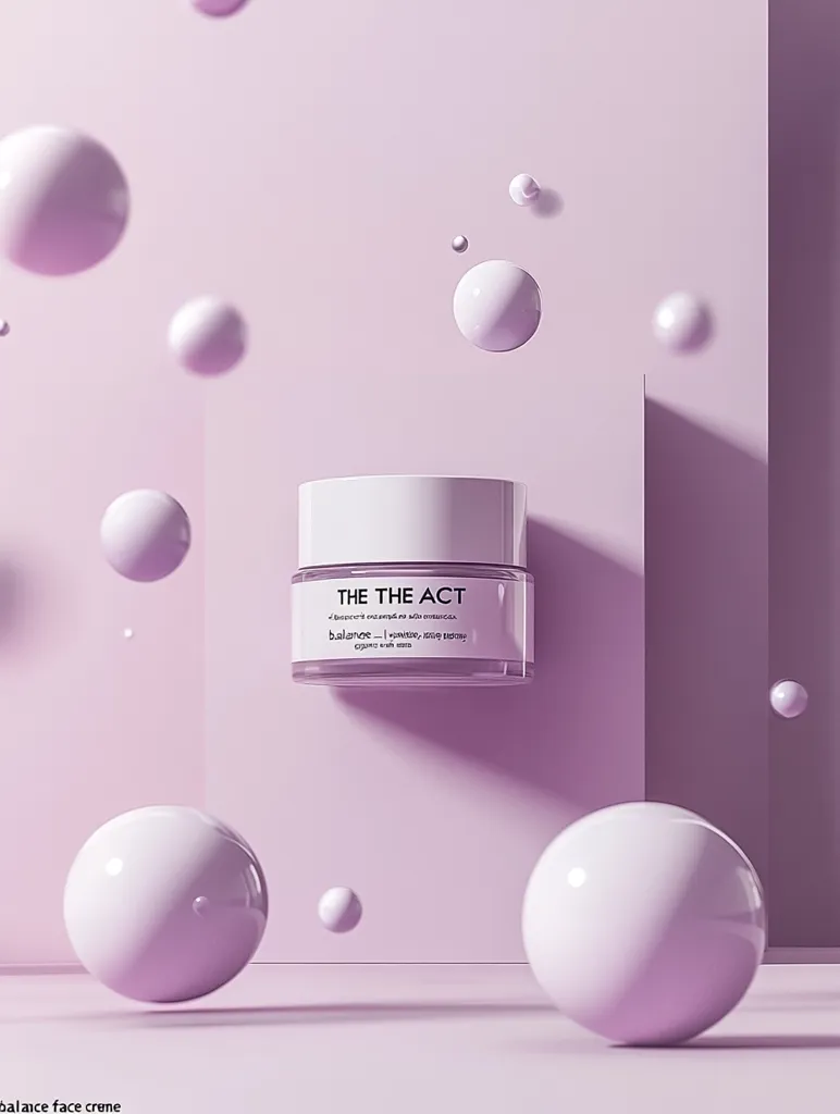 A jar of The The Act balance face creme is displayed against a pale purple background.  Surrounding the jar are several levitating, translucent purple spheres, creating a dreamy, ethereal aesthetic. The product's simple, minimalist packaging complements the overall serene and elegant visual. The scene is clean and suggestive of a luxurious skincare product.