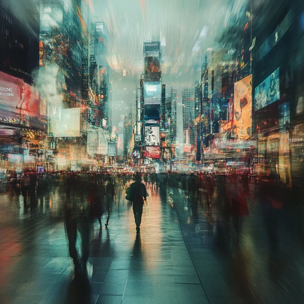 A captivating image of Times Square, New York City, rendered with motion blur.  Brightly lit billboards and towering buildings are superimposed, creating a sense of overwhelming energy and urban density.  A lone figure walks through the bustling crowd, their silhouette stark against the vibrant, blurred background. The wet pavement reflects the city lights, adding to the dynamic and almost surreal atmosphere.