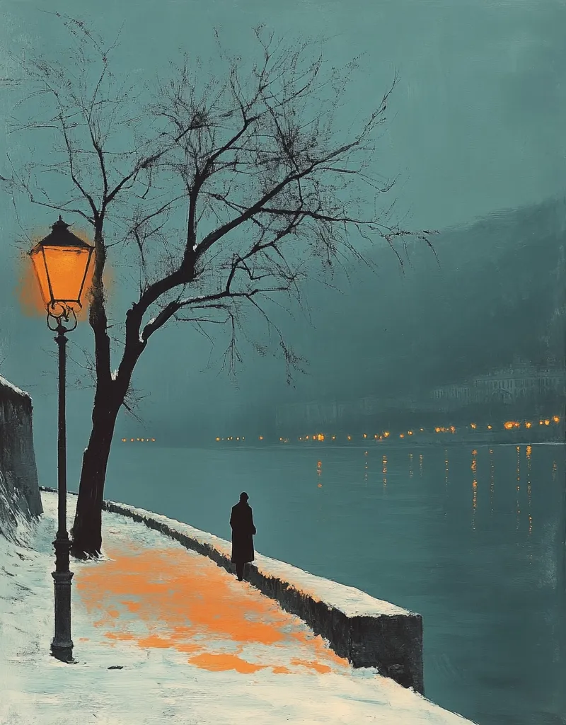 A solitary figure stands on a snow-covered walkway beside a calm body of water at twilight. A glowing lamppost casts a warm light on the path, contrasting with the cool blues and grays of the evening.  Distant lights twinkle across the water, creating a serene yet melancholic atmosphere. A bare, silhouetted tree stands nearby, adding to the quiet mood of the winter scene.