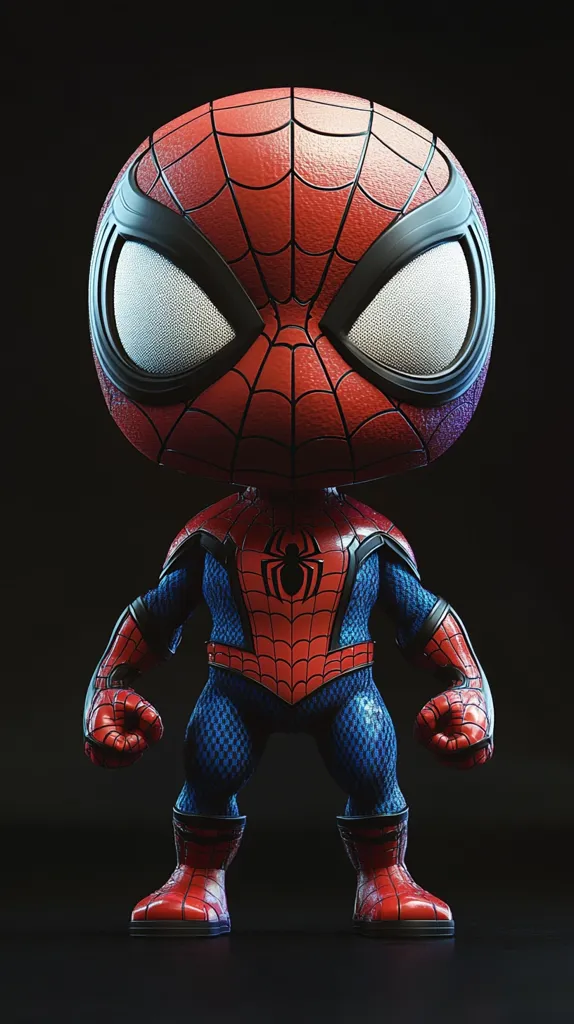 A stylized chibi-esque rendering of Spider-Man.  The figure features an oversized head with a classic Spider-Man suit design,  prominent eyes, and a muscular, proportionally smaller body.  The suit details are crisp, showing the red and blue sections, web pattern, and spider emblem.  The overall aesthetic is a blend of cute and powerful, presented against a dark background.