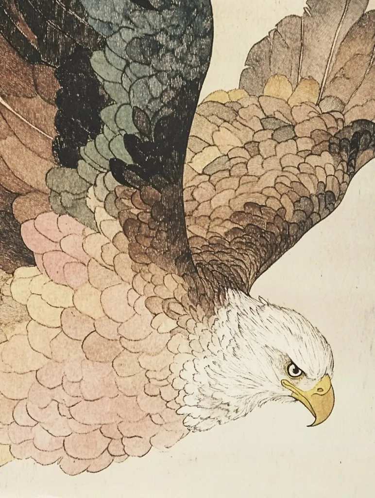 A detailed close-up illustration showcases an eagle in flight.  The artist employs a muted color palette of browns, pinks, and grays, rendering the eagle's feathers with meticulous attention to texture and form.  The eagle's head is sharply focused, its gaze intense, contrasting with the softly rendered wings. The overall style suggests a blend of realism and artistic interpretation.