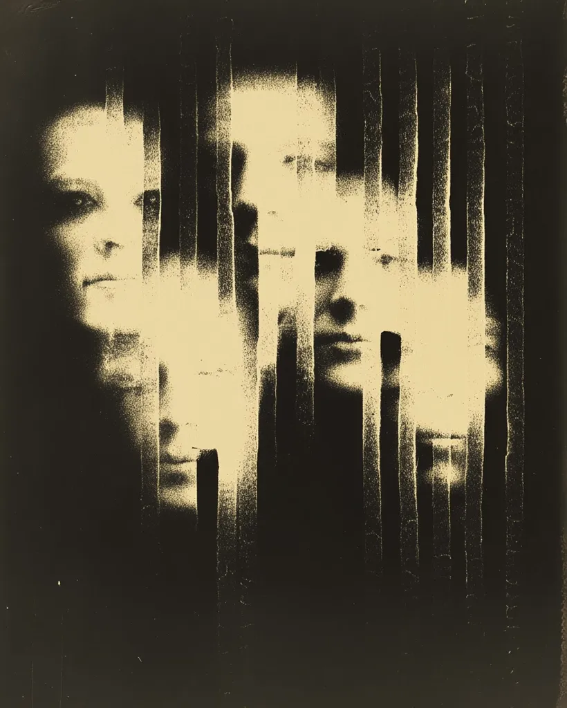 A monochromatic abstract artwork depicts fragmented faces partially obscured by vertical, dark lines.  The faces appear ghostly and layered, creating a sense of depth and mystery. The overall effect is one of haunting ambiguity, possibly suggesting confinement or fractured identity.  The sepia tone adds to the antiquated and unsettling atmosphere.
