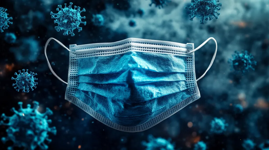 A blue surgical face mask floats in the center, surrounded by numerous microscopic renderings of coronaviruses.  The background is dark and smoky, emphasizing the mask's protective role against airborne pathogens. The overall image conveys a sense of urgency and the pervasive nature of a viral pandemic.