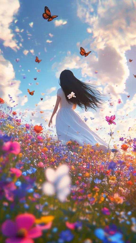 A woman with long, dark hair, wearing a flowing white dress, walks through a vibrant field of wildflowers.  Butterflies flutter in the bright, sunny sky above. The scene is idyllic and peaceful, evoking a sense of serenity and freedom.  The colors are rich and saturated, creating a dreamy, almost ethereal atmosphere.
