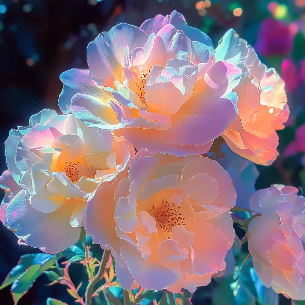 A cluster of pale peach roses, bathed in iridescent light, dominates the image.  Their petals are softly textured, exhibiting a delicate translucence.  The roses are densely packed, creating a lush and vibrant composition. The background is blurred, suggesting a garden setting, with hints of deep blues and greens.  The overall effect is dreamlike and ethereal.