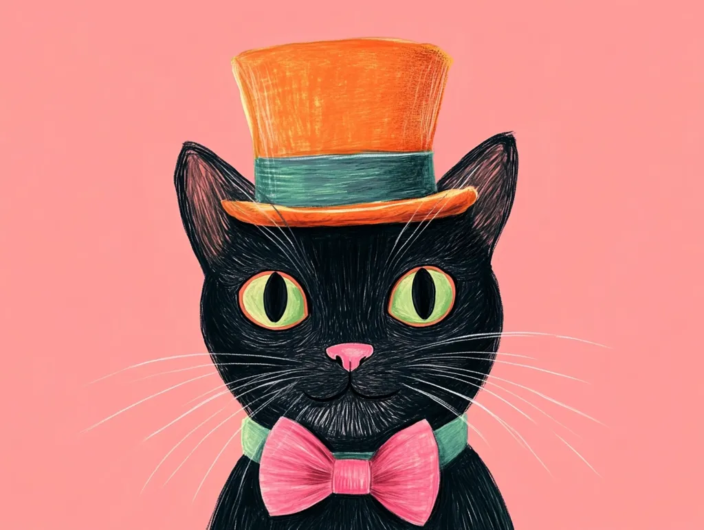 A charming illustration depicts a black cat wearing a vibrant orange top hat with a teal band and a pink bow tie.  The cat's large, expressive green eyes and meticulously drawn whiskers add to its sophisticated and whimsical appearance.  The pink background complements the cat's attire, creating a cheerful and stylish image.