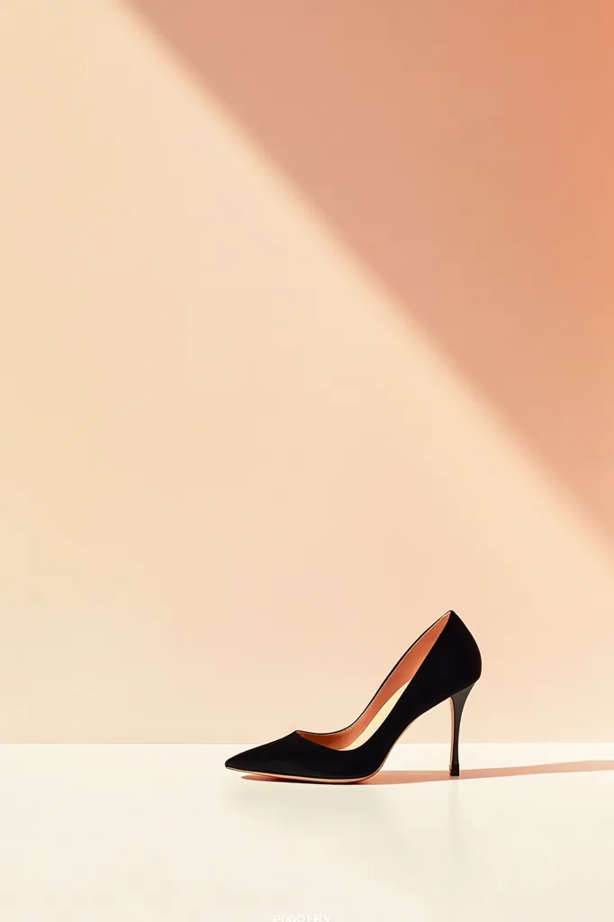 A single black suede high-heeled pump is elegantly positioned on a light peach-colored surface.  A diagonal shadow cast from an unseen light source accentuates the shoe's form and creates a minimalist, stylish image. The background is a solid, muted peach, enhancing the shoe's dark color.  The overall aesthetic is clean and sophisticated.