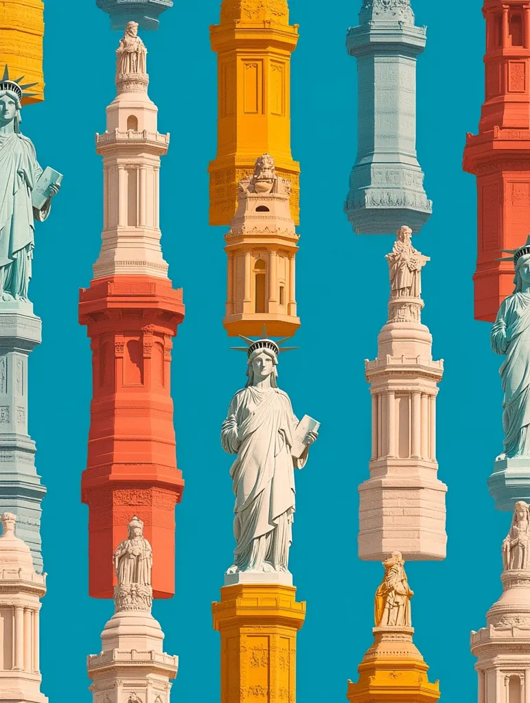 A vibrant, stylized collage features numerous miniature replicas of the Statue of Liberty atop various pastel-colored columns and structures.  The design is repetitive, creating a visually engaging pattern against a teal background.  The colors are bold and saturated, giving the image a playful yet monumental feel.  Different architectural styles are layered, suggesting a blend of historical and modern aesthetics.