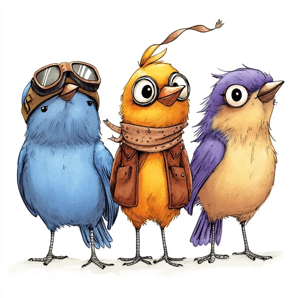 Three anthropomorphic birds stand in a row. The leftmost bird is blue and wears aviator goggles. The center bird is yellow, dons round glasses and a brown jacket with a scarf. The rightmost bird is beige with purple wings.  They are illustrated in a whimsical, slightly vintage style.
