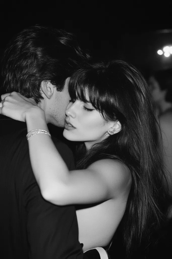 A black and white image captures a tender moment between a couple. The woman, with long dark hair and bangs, embraces the man from behind, her arm draped lovingly around his neck. Her eyes are closed, suggesting intimacy and serenity. The man's head is slightly tilted, his face partially obscured by the woman's embrace. The background is blurred, focusing attention on the couple's close connection. The overall mood is romantic and intimate.