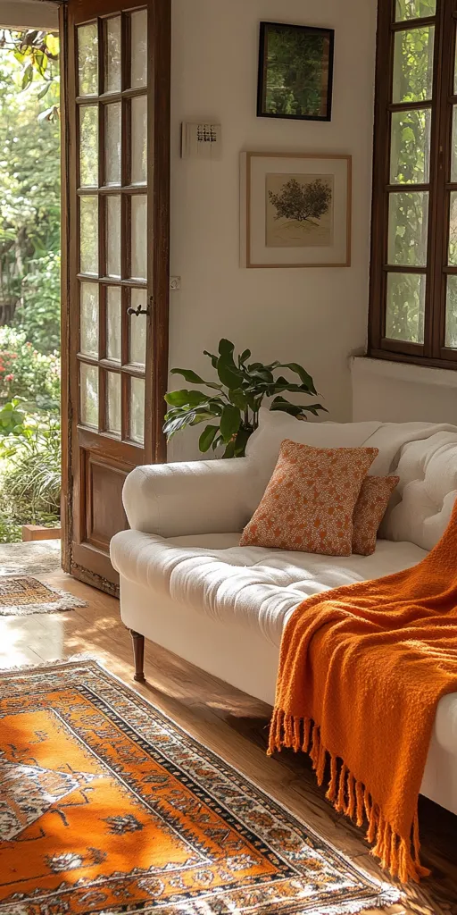 A sunlit living room features a white sofa adorned with orange patterned pillows and a matching throw blanket.  An orange rug adds warmth to the hardwood floor.  French doors open to a verdant garden, and the walls are decorated with framed artwork and a mirror.  A potted plant sits beside the sofa, completing the tranquil and inviting atmosphere.