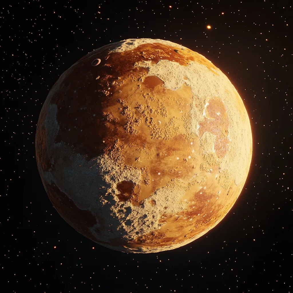 A digital rendering depicts a celestial body, possibly a planet or moon, with a predominantly orange and brown surface.  The surface shows a textured, cratered appearance, with patches of lighter, sandy-colored material.  The body is set against a backdrop of a dark, star-filled space. A smaller moon-like object is visible near the planet's edge. The overall impression is of a desolate, arid world.