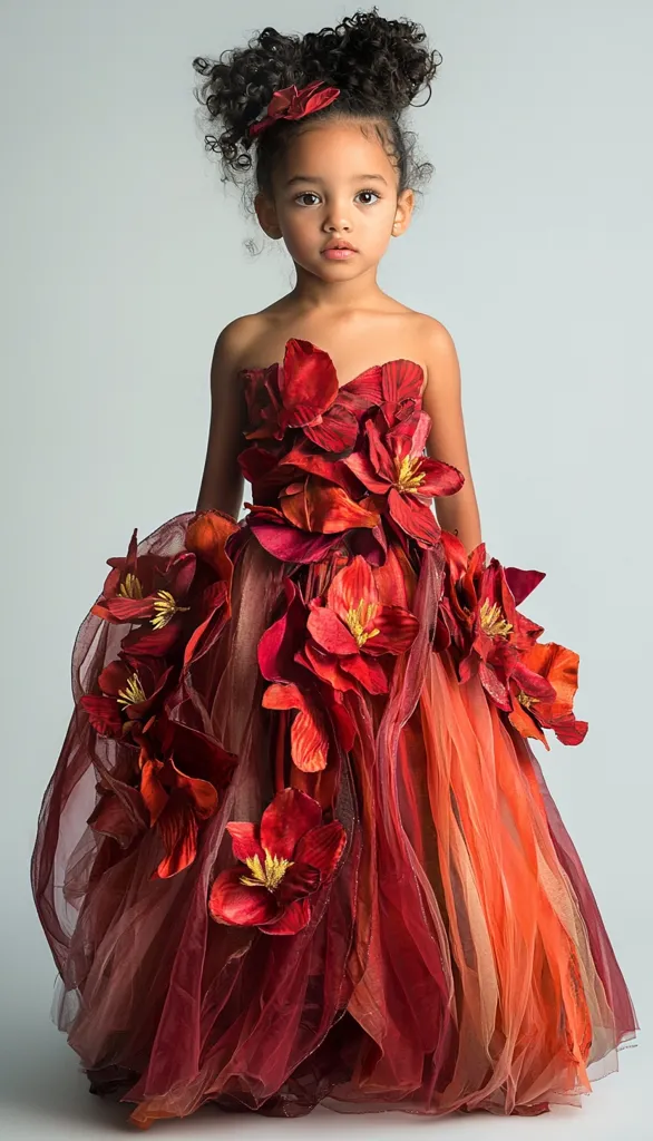 A young girl with curly dark hair adorned with a red flower poses in a stunning, floor-length gown. The dress features a strapless bodice and a flowing skirt crafted from layers of sheer fabric in shades of red and orange.  Large, artificial red flowers are intricately arranged throughout the dress, creating a dramatic, floral effect.  The girl's expression is serious and captivating.