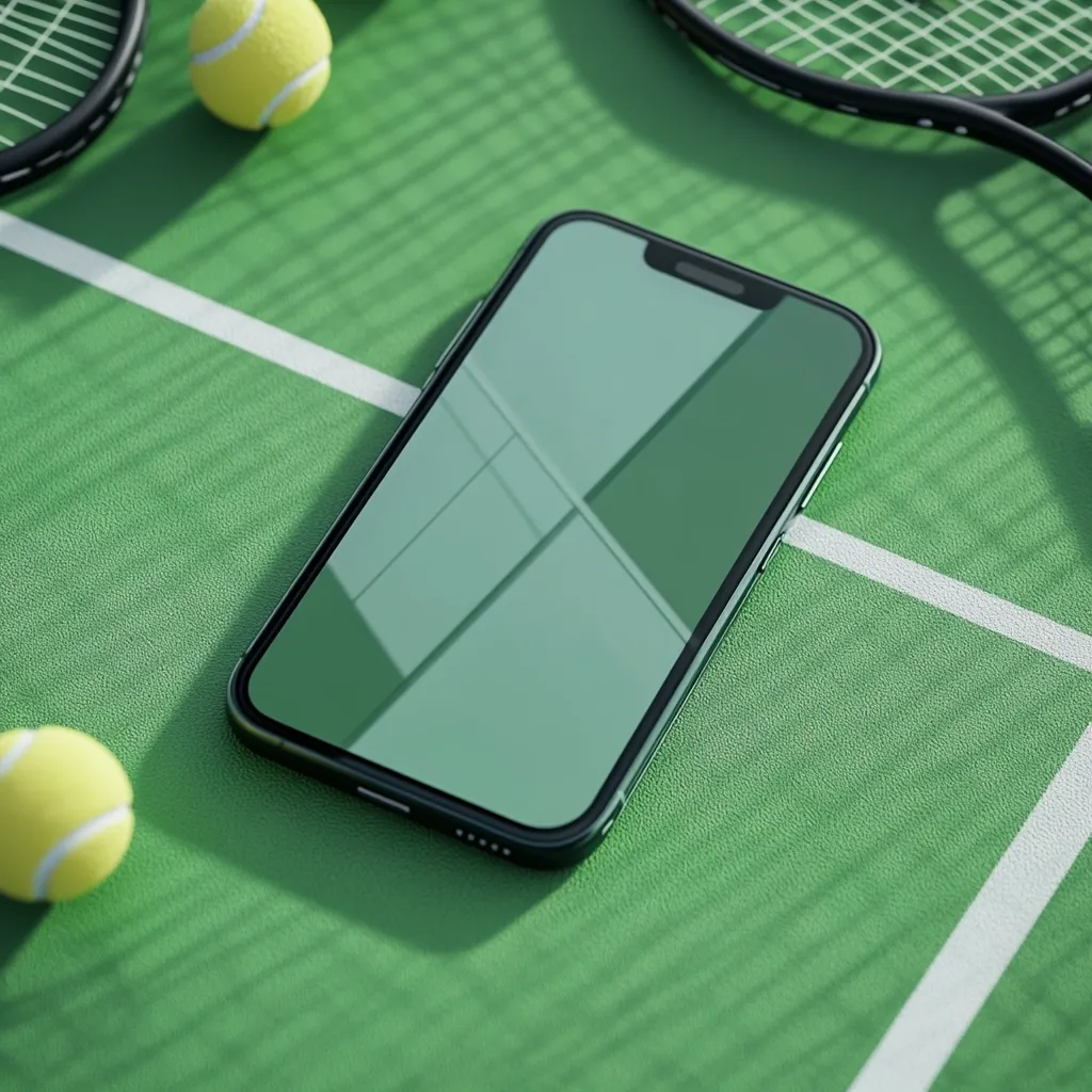 A smartphone rests on a green tennis court, near two tennis balls and partially obscured by tennis rackets.  The phone's screen is blank, reflecting the surrounding environment.  The scene suggests a sporting or fitness app, or live-scoring potential.  Sunlight casts shadows across the court, enhancing the overall composition.