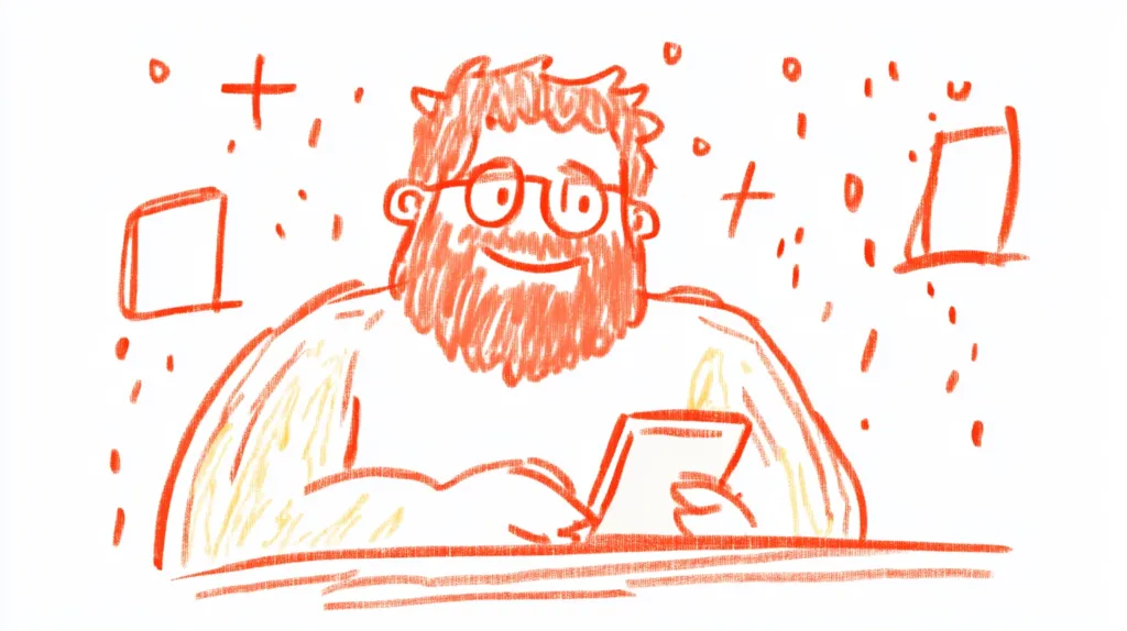 A whimsical crayon drawing depicts a smiling, bearded man with glasses, seated at a table. He holds a book or tablet.  The style is childlike, with simple lines and scattered shapes surrounding the figure. The overall color palette is warm orange and yellow, creating a cheerful and lighthearted mood.  The background features abstract shapes suggesting a playful, informal setting.